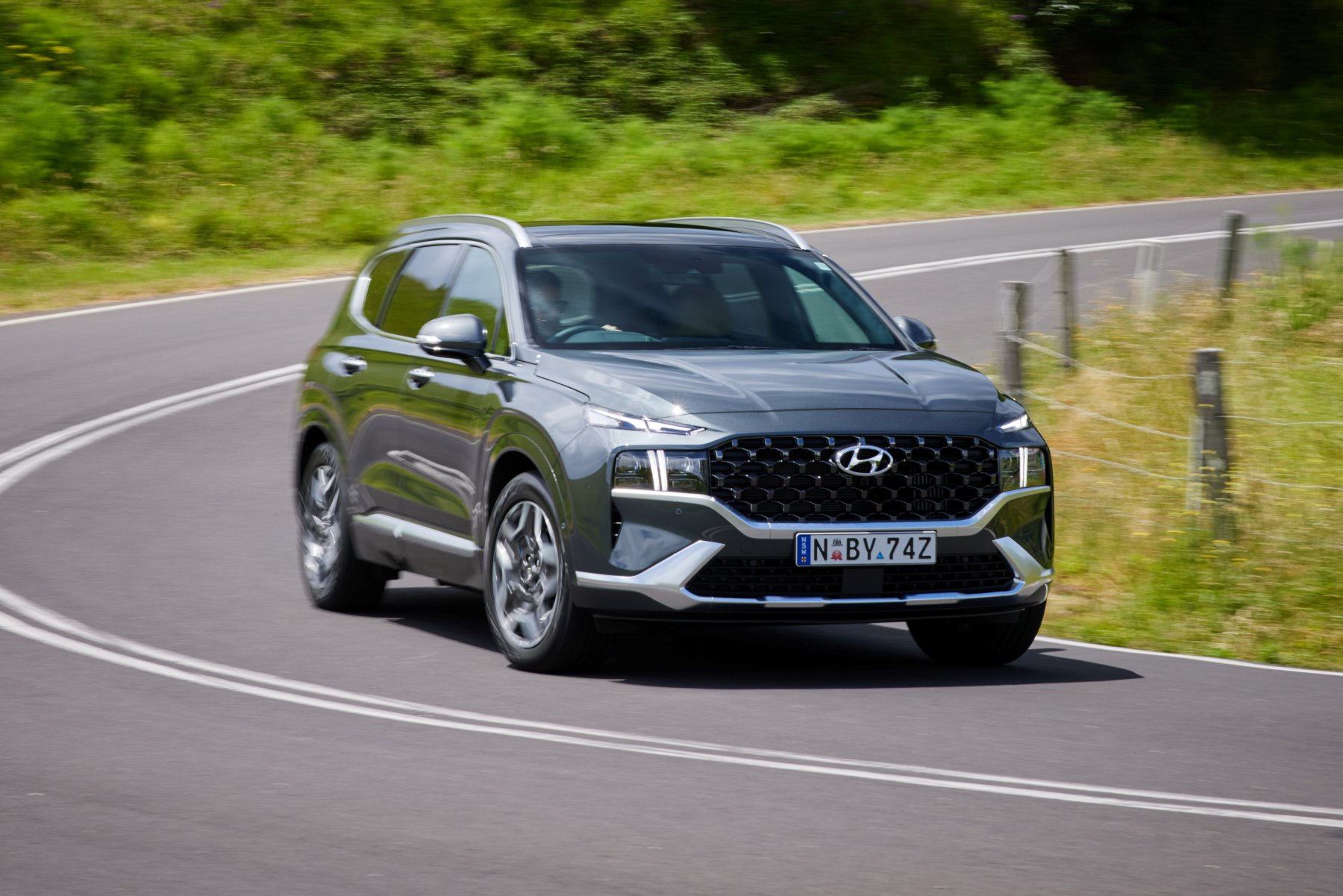 Hyundai Santa Fe Hybrid driving on the road